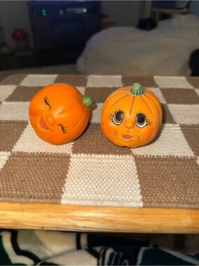 2 Vintage Anthropomorphic Pumpkin Noggins Ceramic Spooky Decor Halloween Fall